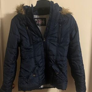 Krush Dark Blue Puffer Jacket with Faux Fur Trim